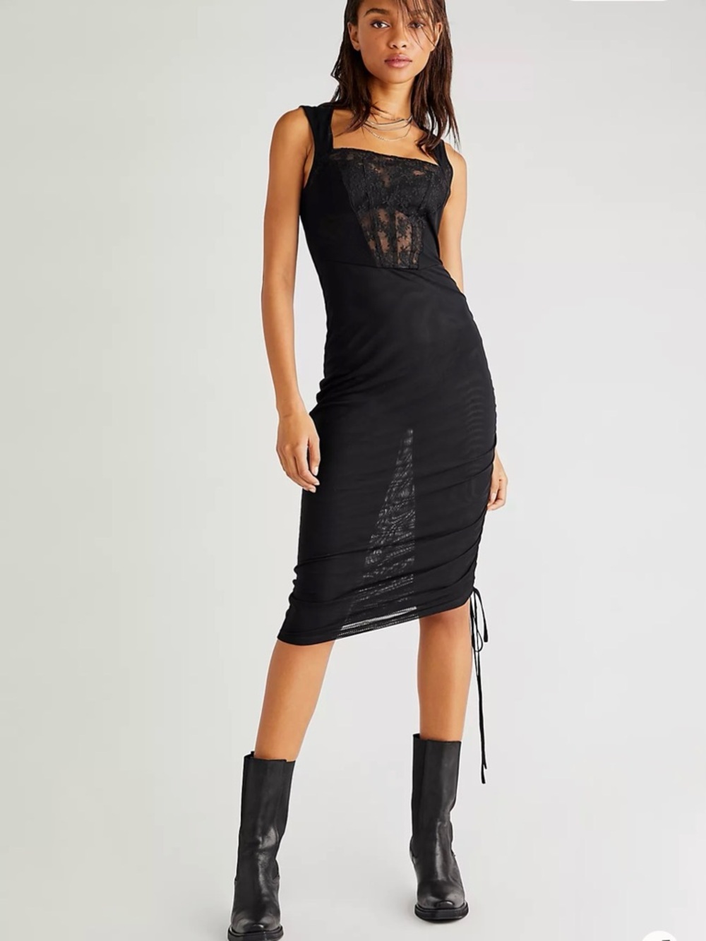 Free People Black Lace-Panel Midi Dress